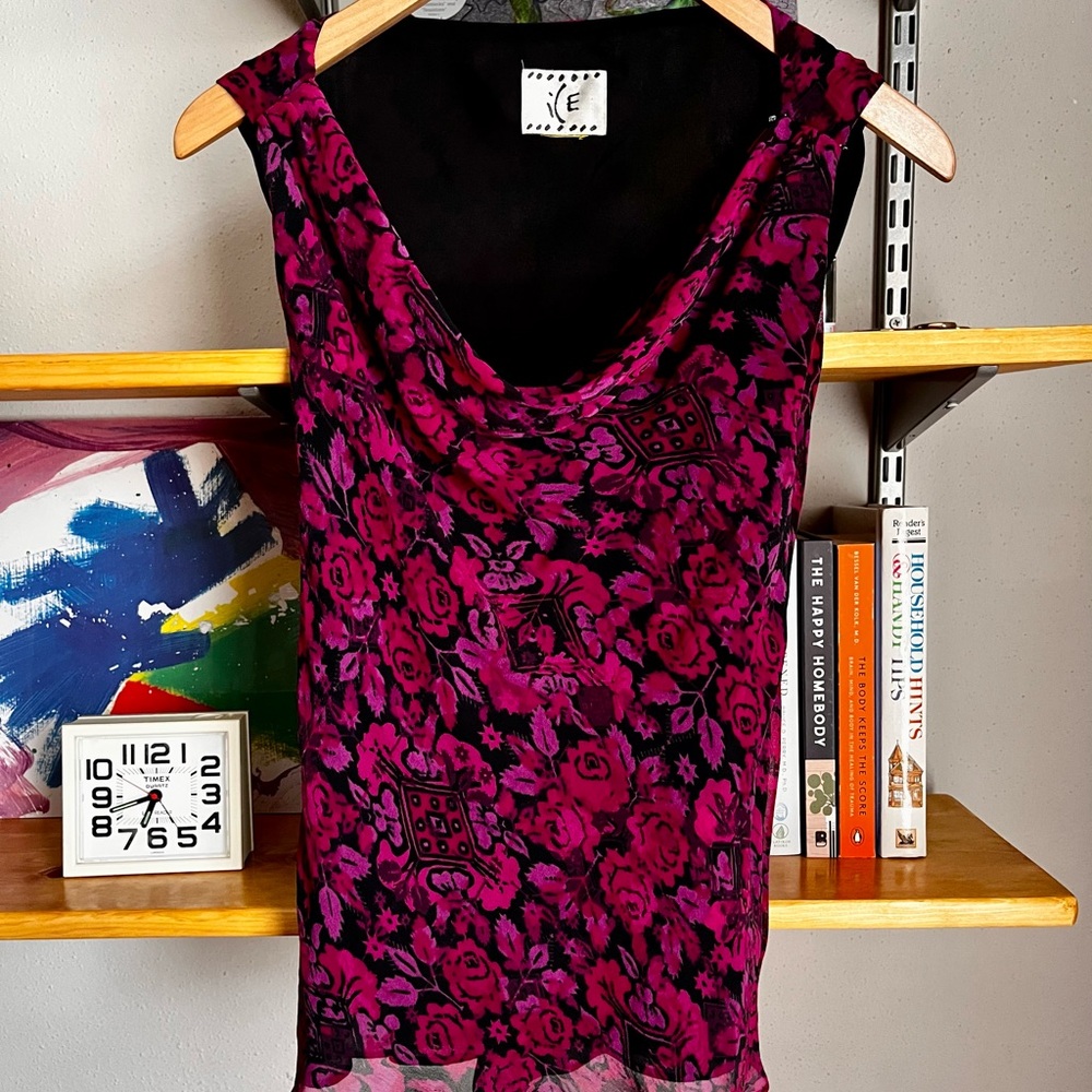 Vintage Y2K Sheer Mesh Floral Cowl Neck Top | Magenta Black Lettuce Hem Medium